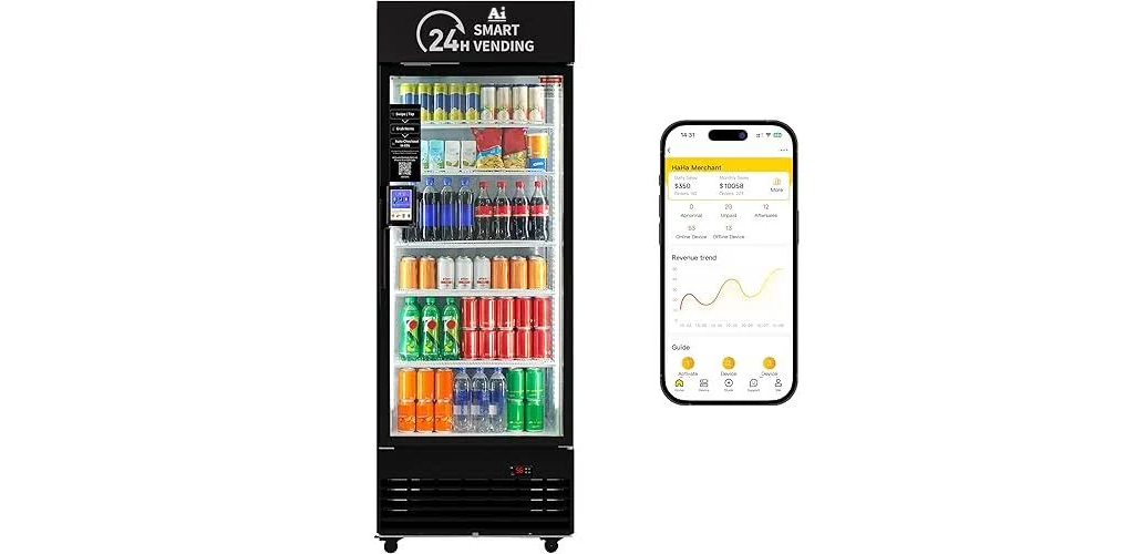 AI-powered smart fridge vending machine paired with a mobile monitoring dashboard for live stock and sales telemetry