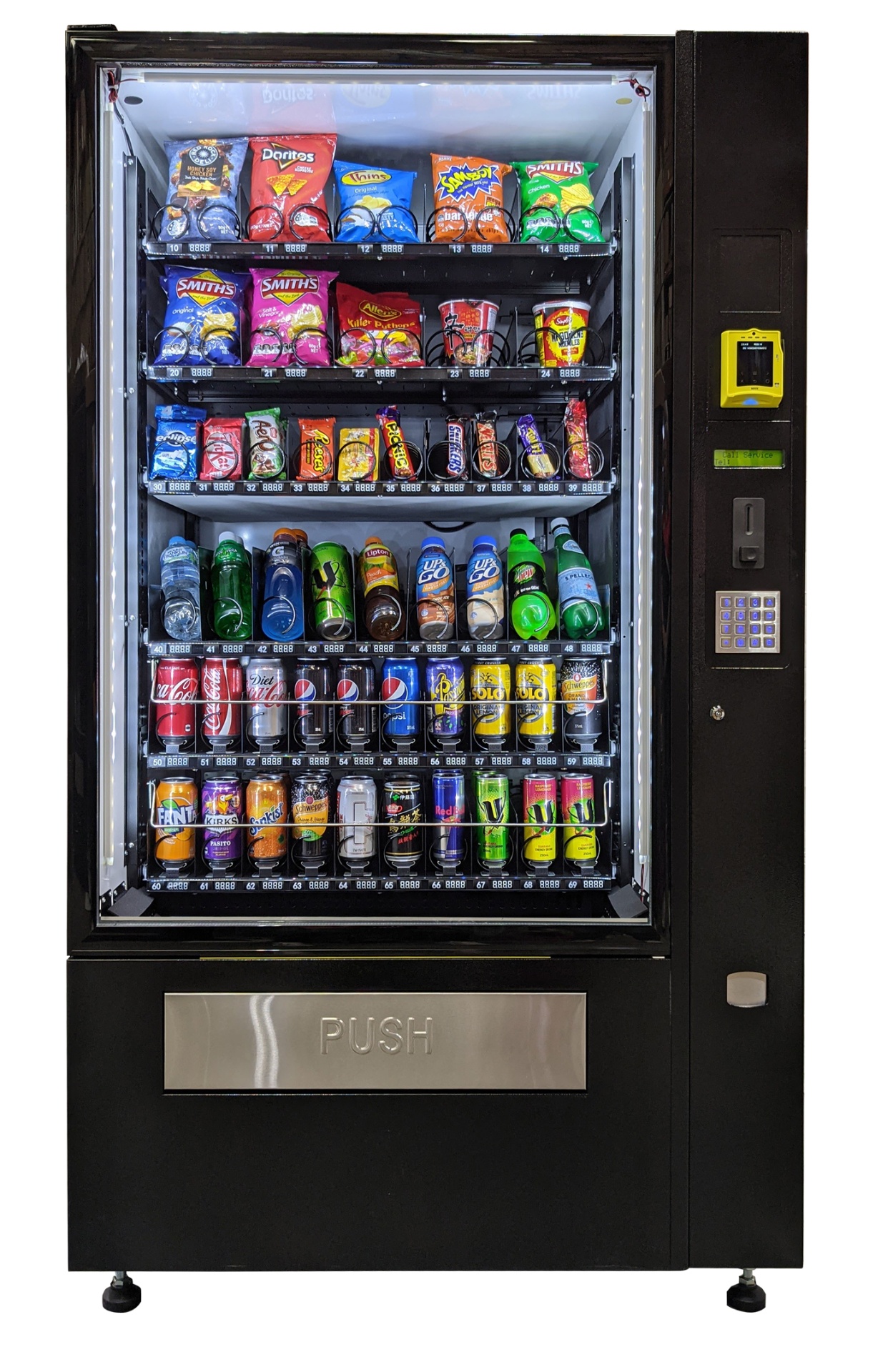 CV5 five-wide combination vending machine with Nayax cashless card reader — snacks and drinks in one free machine