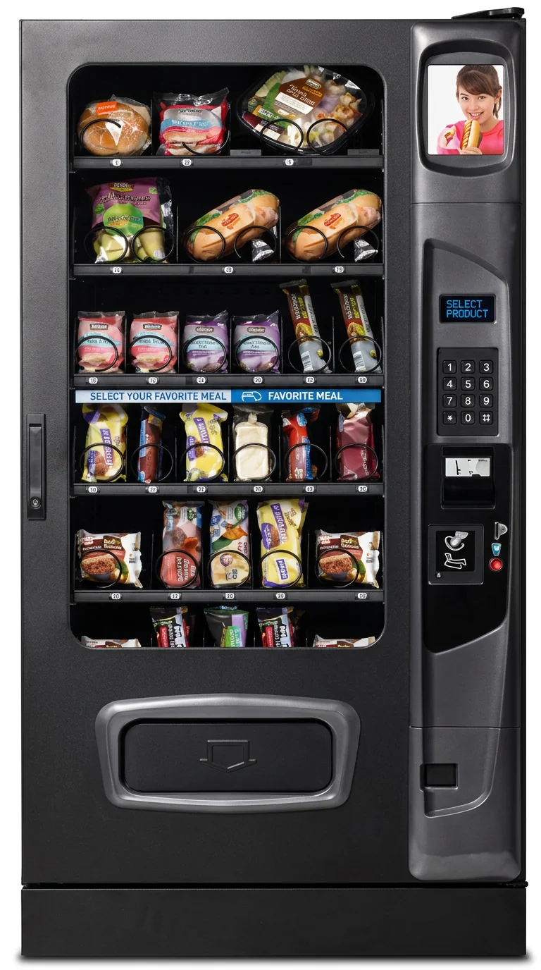 Alpine frozen food vending machine — burgers, hot pies, dim sims and microwaveable meals for 24/7 factories and mine sites