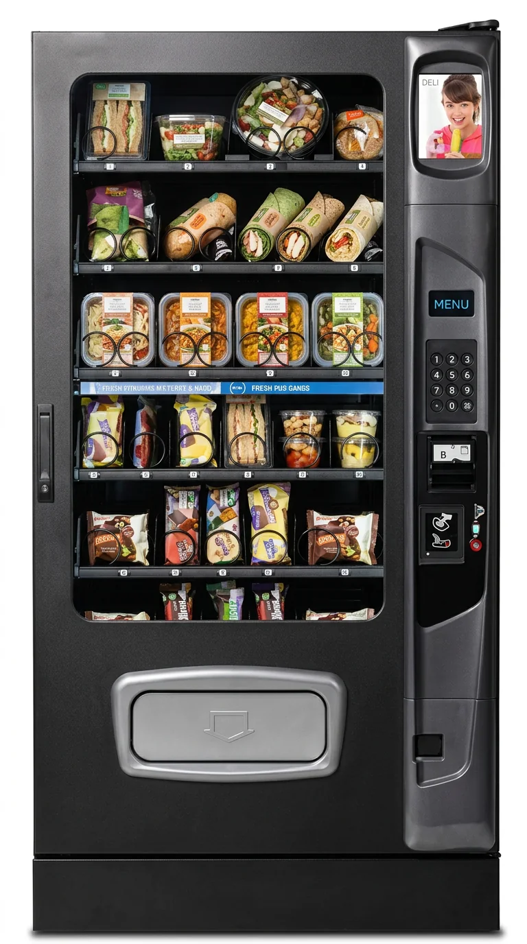 Combi food vending machine stocked with fresh sandwiches, wraps, salads and ready meals for Australian workplaces