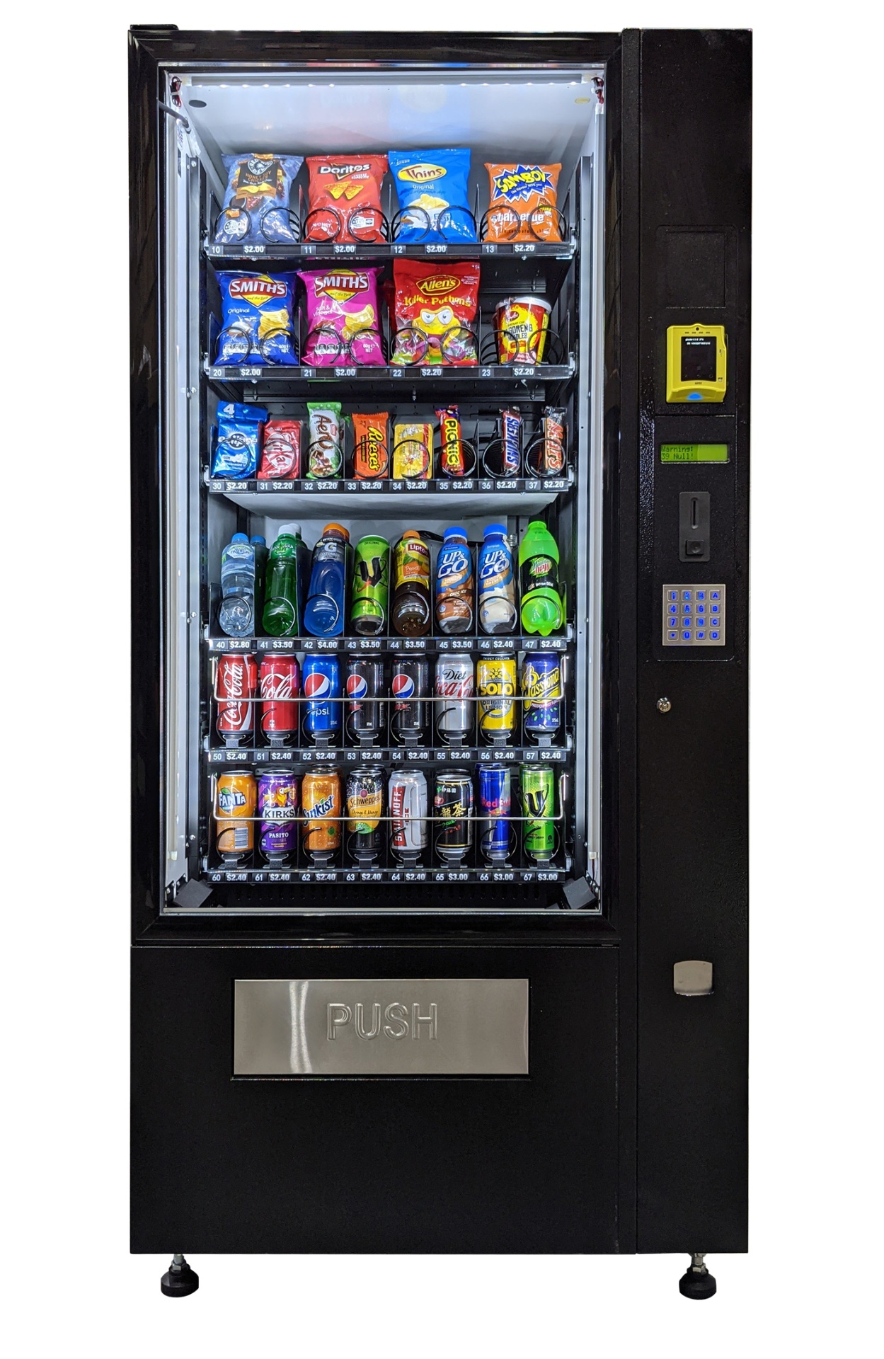 CV4 four-wide combo vending machine — snacks, chocolate bars and cold drinks in a single free unit