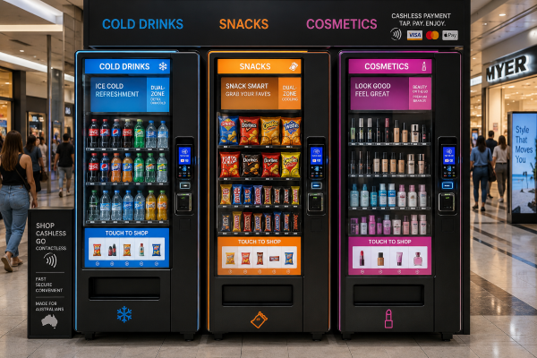 Three modern free vending machines lined up in a busy Australian shopping centre concourse