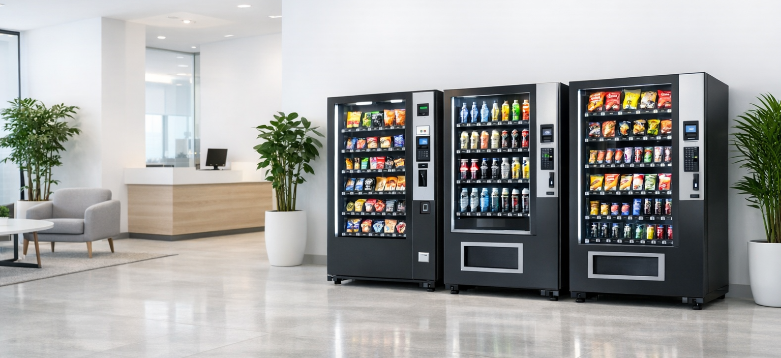 Row of premium smart vending machines installed in a bright modern Australian office lobby